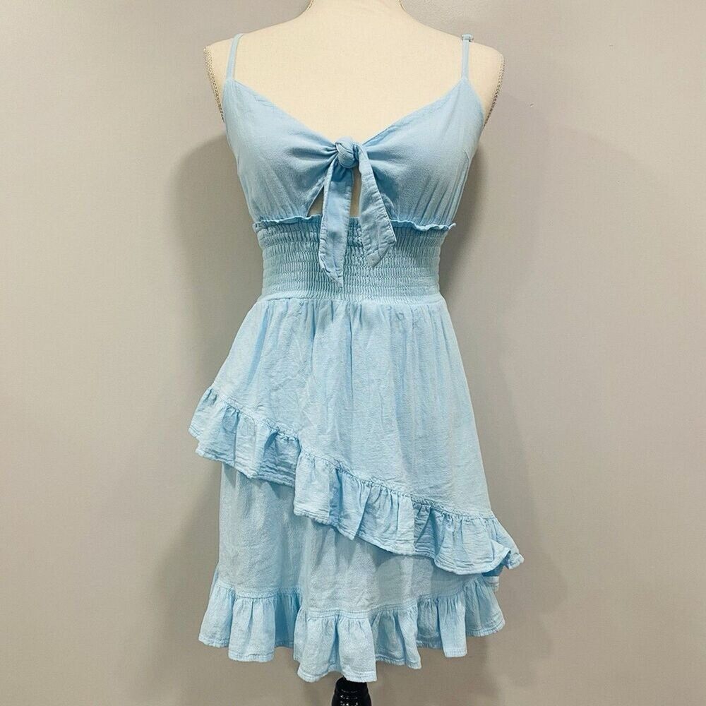 NWT Blanco By Nature S Blue Tie Front Mini Cotton Smocked Ruffle Sundress Peru